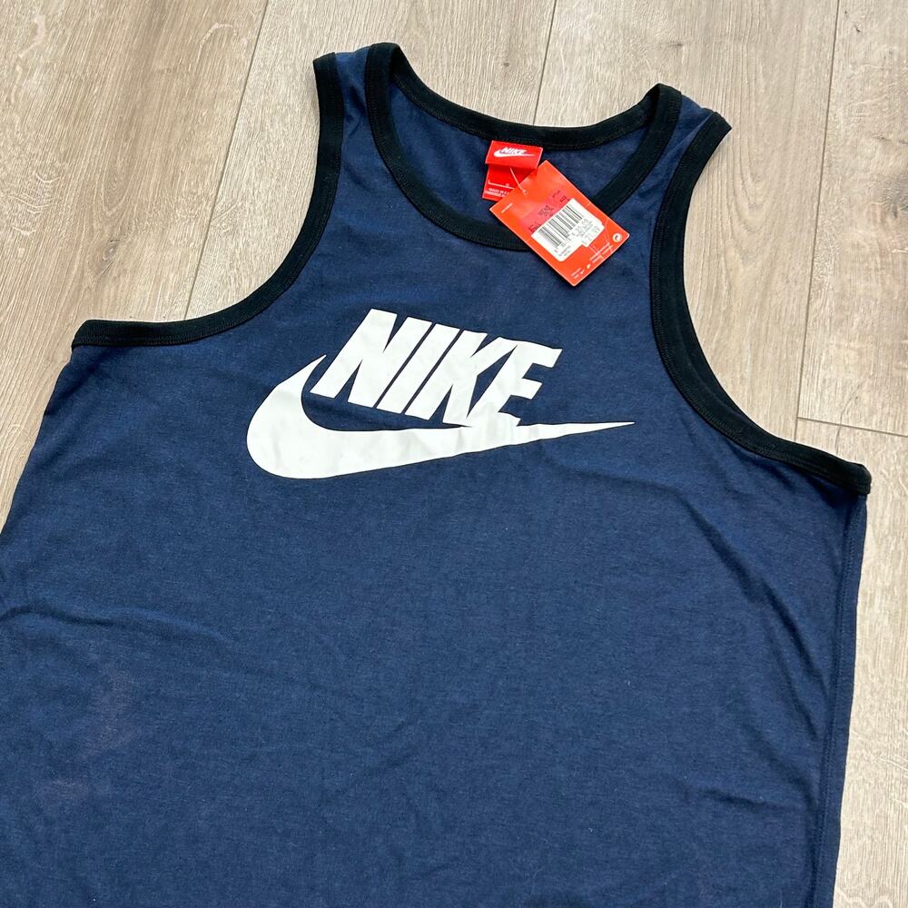 Brand New Nike Spellout Swoosh Logo Blue Navy Tank Top Tee Size Large L B22 - Picture 2 of 6
